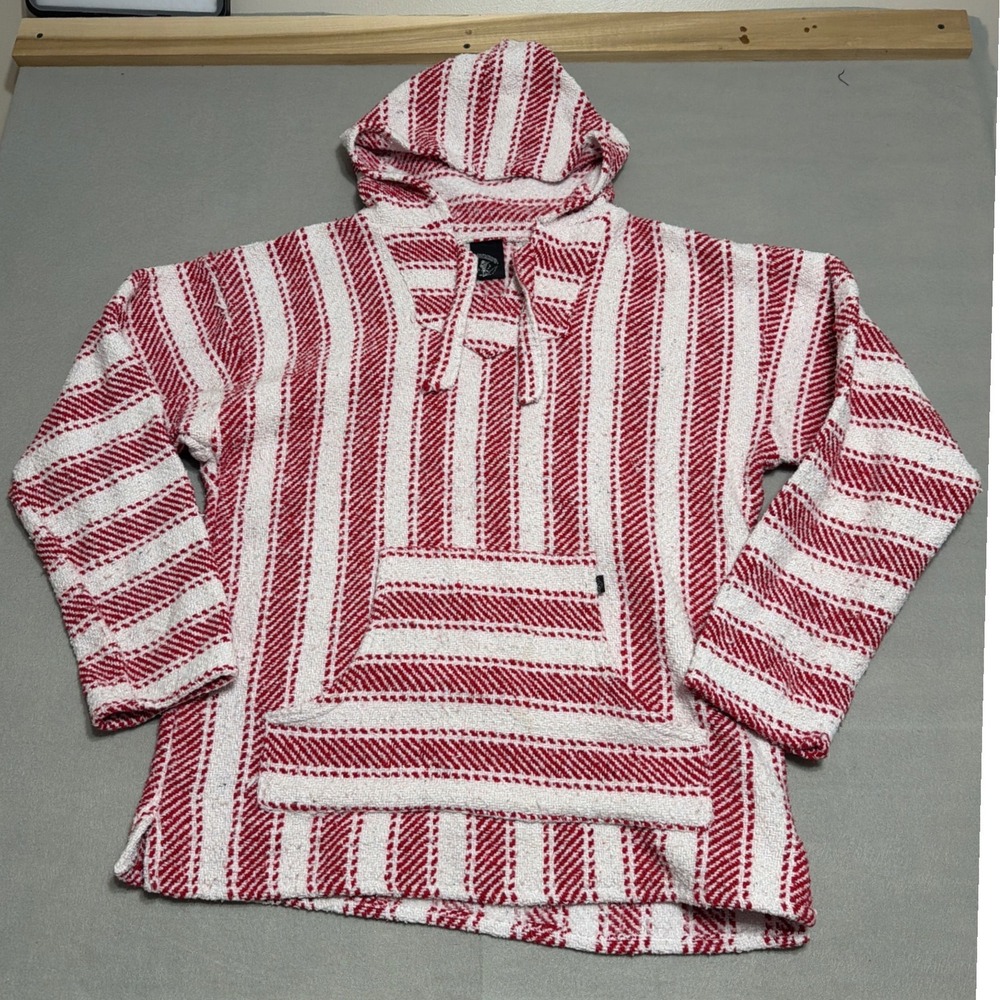 Baja Billys Red White Striped Drug Rug Hoodie Mexican Poncho Mens XL